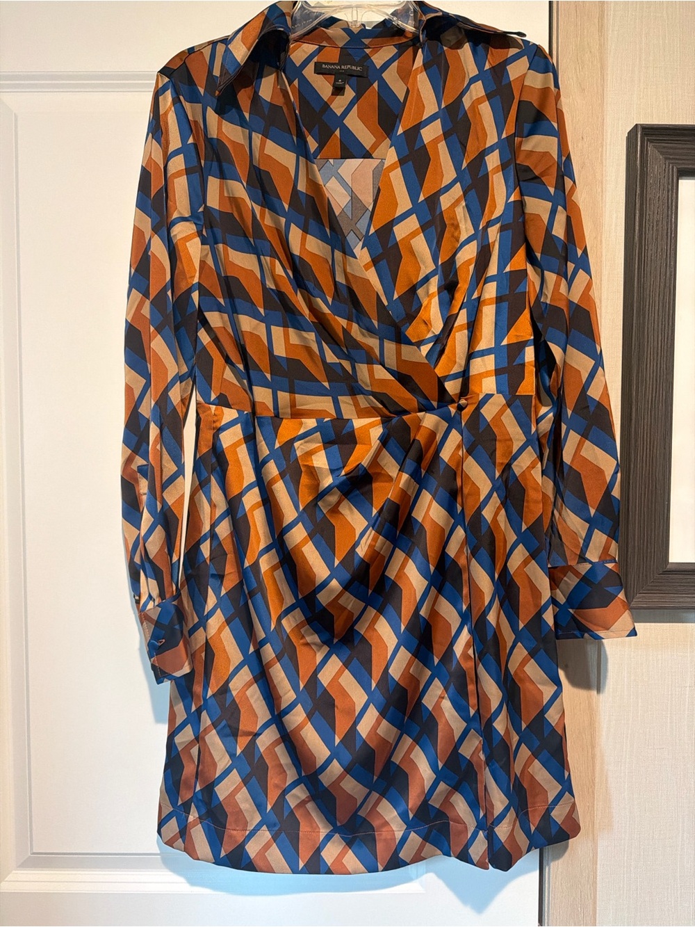 Banana Republic Blue, Brown and Cream Geometric Wrap Dress